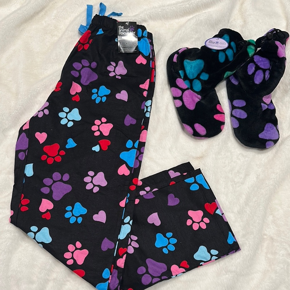 Colorful Paw Print Pajama Pant and Slippers